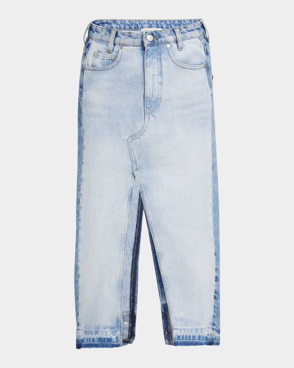 Mixed Denim Slit Midi Skirt